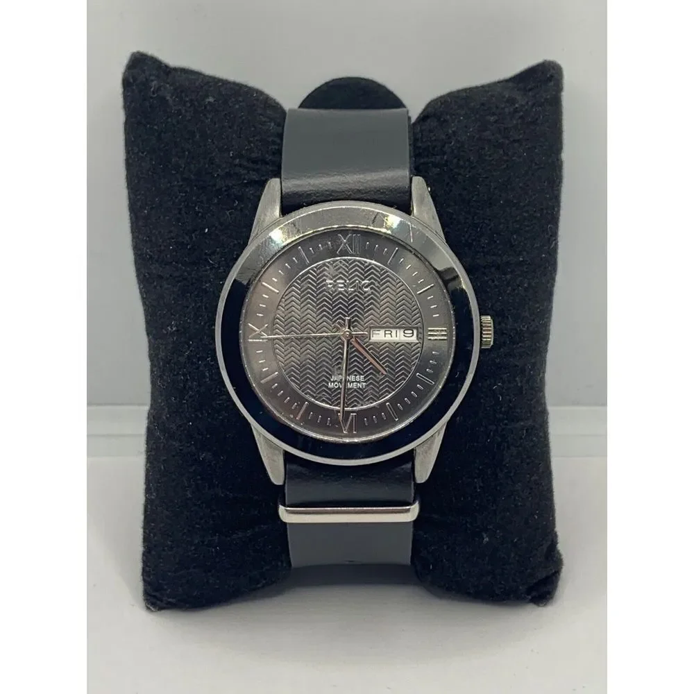 Relic ZR12053 Men's Black Leather Analog Gray Dial Quartz Genuine Watch JD364
